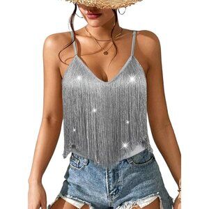Women's Silver Fringe Tank Top Western Festival Clothing Cowgirl V Neck Outfits